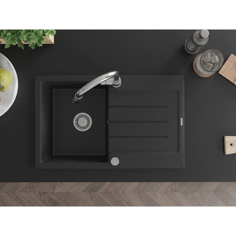 Mexen Bruno granito plautuvėle su vienu dubeniu, su nuvarvėjimo zona ir virtuviniu maišytuvu Elia, juoda/sidabro metalo