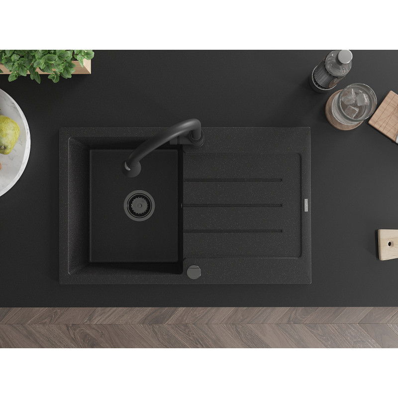 Mexen Bruno granitinė plautuvė su viena kamera, lašėjimo lentele ir virtuviniu maišytuvu Elia, juoda/sidabrinė metaliko