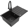 Mexen Bruno granitinė plautuvė su viena kamera, lašėjimo lentele ir virtuviniu maišytuvu Elia, juoda/sidabrinė metaliko