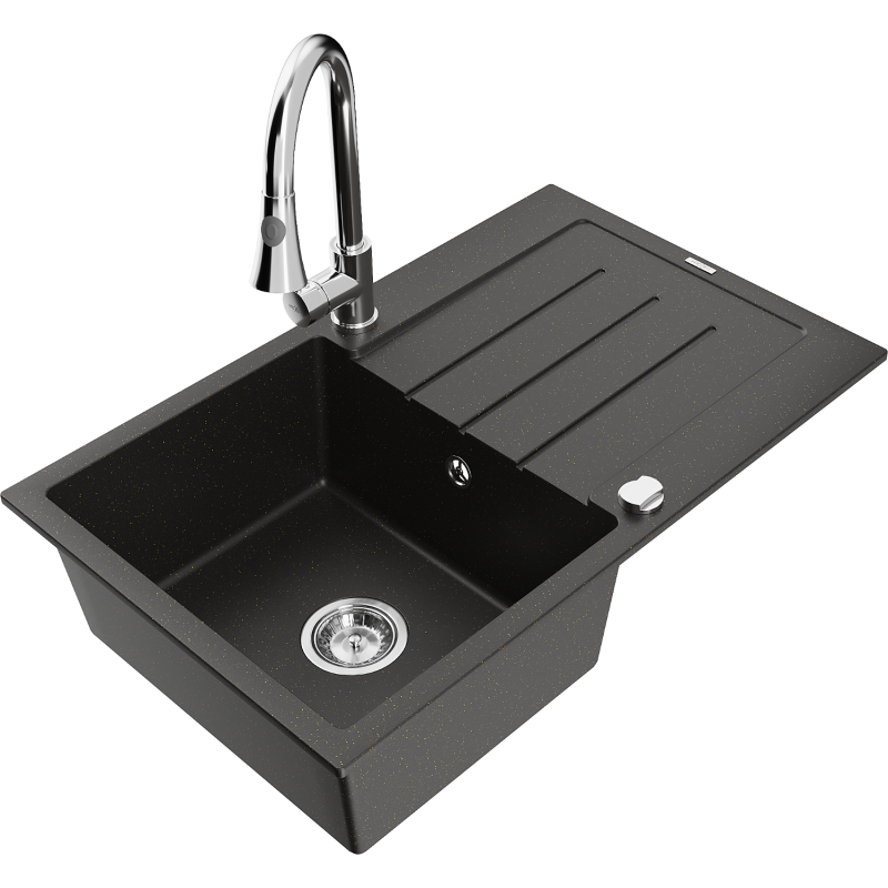 Mexen Bruno granitinė vienos kameros kriauklė su nusausintuvu ir virtuviniu maišytuvu Elia, juodas/auksinis metalikas