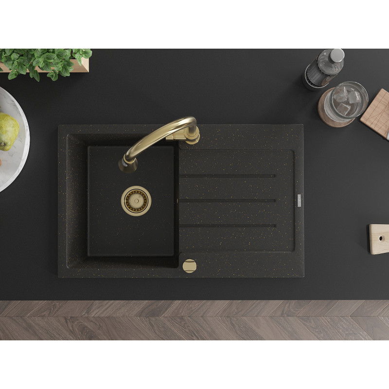 Mexen Bruno granitinė vienos kameros kriauklė su nusausintuvu ir virtuviniu maišytuvu Elia, juoda/auksinė metallic