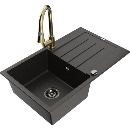 Mexen Bruno 1 kamerų granitinė kriauklė su nusausintoju ir virtuves maišytuvu Elia, juodas/auksinis metalikas
