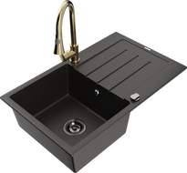 Mexen Bruno 1 kamerų granitinė kriauklė su nusausintoju ir virtuves maišytuvu Elia, juodas/auksinis metalikas