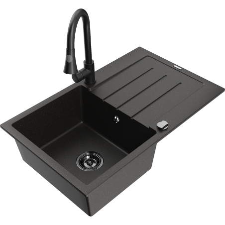 Mexen Bruno 1 skyriuje esantis granitinis kriauklė su nusausinimo vieta ir virtuviniu maišytuvu Elia, juodas/auksinis