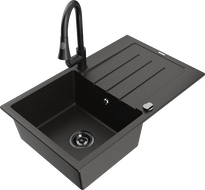 Mexen Bruno 1 skyriuje esantis granitinis kriauklė su nusausinimo vieta ir virtuviniu maišytuvu Elia, juodas/auksinis