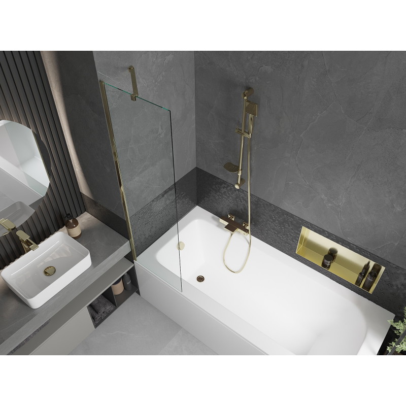 Mexen Vega stačiakampė vonia 180 x 80 cm su korpusu ir 1-duris pertvara 50 cm, skaidri, auksinė - 550118080X9505000050