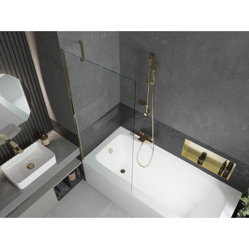 Mexen Vega stačiakampė vonia 180 x 80 cm su apdaila ir 1 sparno 80 cm pertvara, skaidri, auksinė - 550118080X9508000050