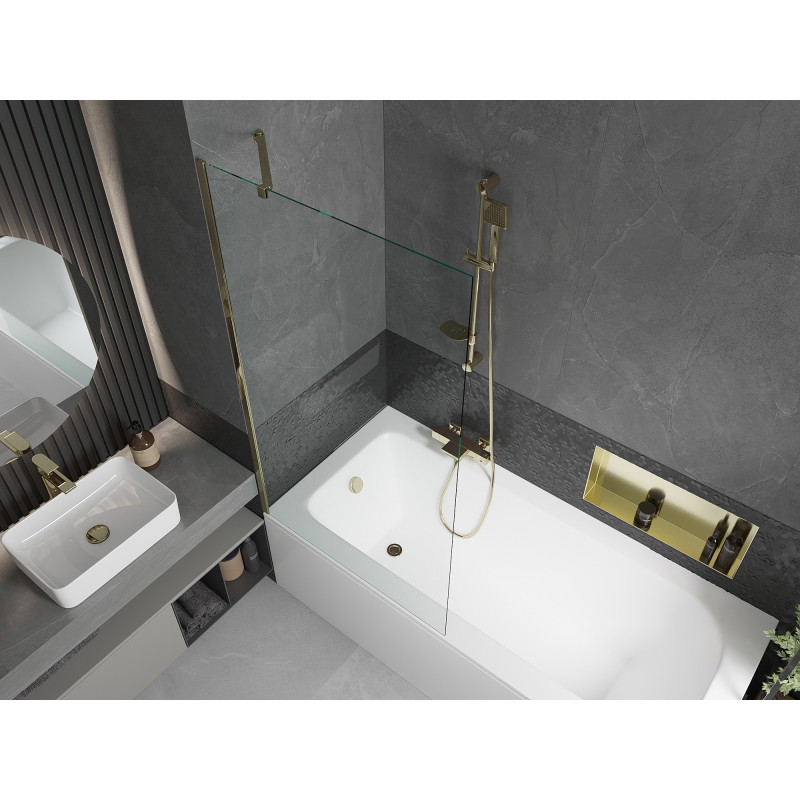 Mexen Vega stačiakampė vonia 170 x 70 cm su apdaila ir 1-duris širmeliu 90 cm, skaidri, auksinė - 550117070X9509000050