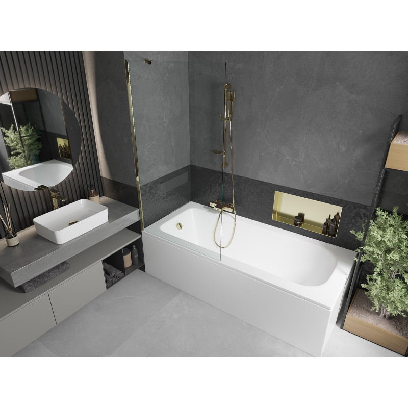 Mexen Vega stačiakampė vonia 170 x 70 cm su apdaila ir 1-duris širmeliu 90 cm, skaidri, auksinė - 550117070X9509000050