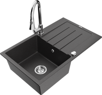 Mexen Bruno 1 skyrios granito plautuvė su nutekamuoju paviršiumi ir virtuvės čiaupu Elia, juoda taškuota