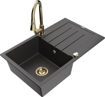 Mexen Bruno granitinė vienos kameros plautuvė su nusausintuvu ir virtuvės maišytuvu Elia, juodas su dėmėmis