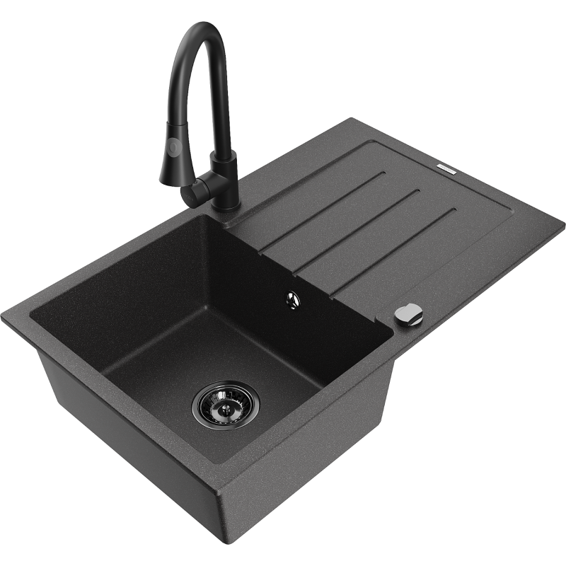 Mexen Bruno granitinė vienos plautuvės kriauklė su indu ir virtuviniu maišytuvu Elia, juoda su dėmėmis