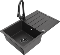 Mexen Bruno granitinė vienos plautuvės kriauklė su indu ir virtuviniu maišytuvu Elia, juoda su dėmėmis