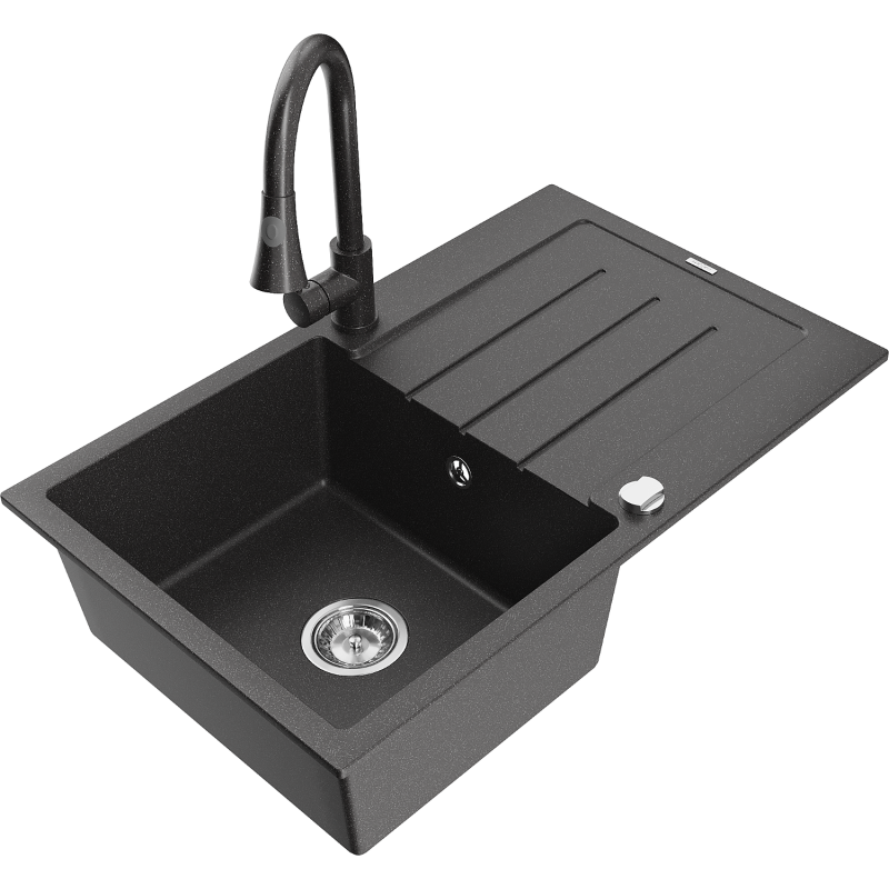 Mexen Bruno granitinė vienos kameros plautuvė su nusausinimo vieta ir virtuviniu maišytuvu Elia, juodos spalvos su baltomis