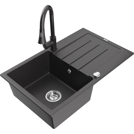 Mexen Bruno granitinė vienos kameros plautuvė su nusausinimo vieta ir virtuviniu maišytuvu Elia, juodos spalvos su baltomis