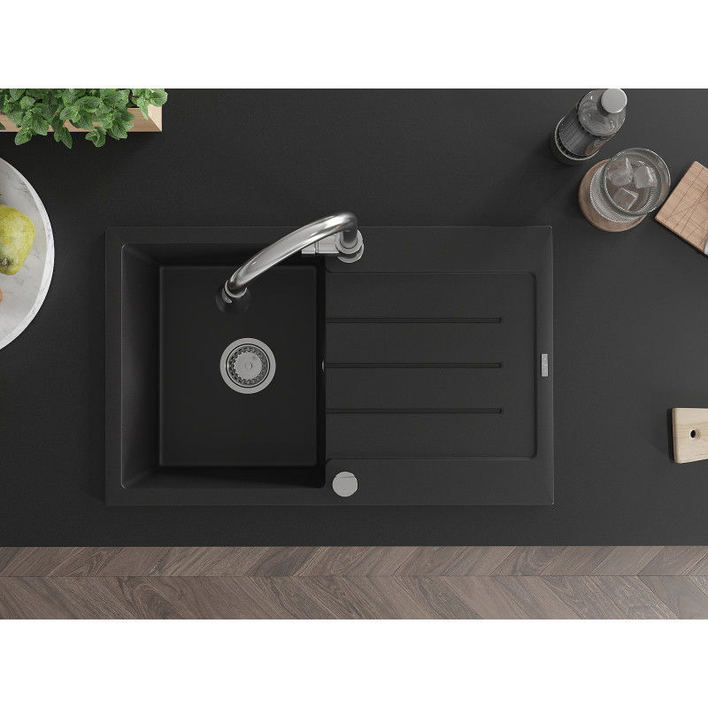 Mexen Bruno granito plautuvė 1-komorų su lašintuvu ir virtuviniu maišytuvu Elia, juoda - 6513-77-670101-00