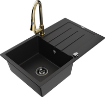 Mexen Bruno granitinis plautuvės vienos dubenėlis su nusausintuvu ir virtuviniu maišytuvu Elia, juodas - 6513-77-670101-50-B