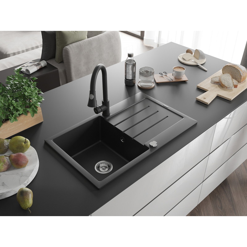 Mexen Bruno granitinė 1 skydo plautuvė su nusausintuvu ir virtuvine maišytuvu Elia, juoda - 6513-77-670101-70