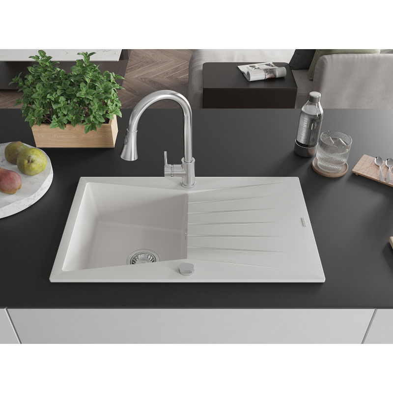 Mexen Cesar granitinė vienos kameros plautuvė su nusausintuvu ir virtuviniu maišytuvu Elia, balta - 6514-20-670101-00