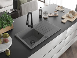 Mexen Cesar granito plautuvė 1 skyrius su džiovintuvu ir virtuviniu maišytuvu Elia, pilka - 6514-71-670101-70-B