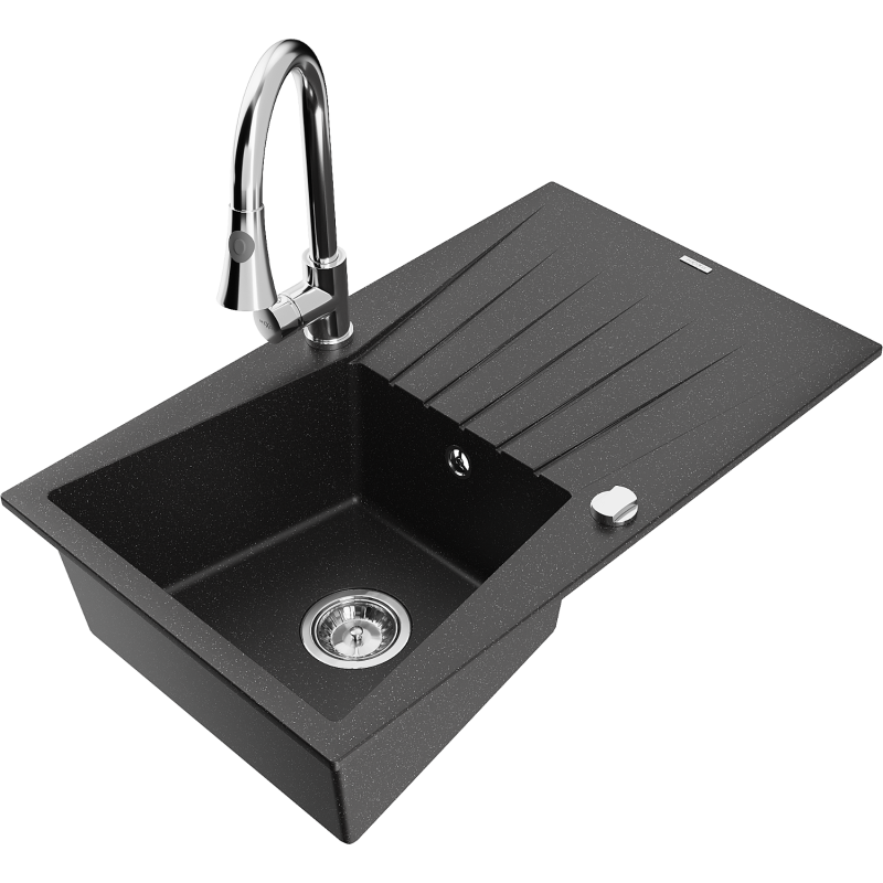 Mexen Cesar vientisas granitinis kriauklė su nutekamuoju ir virtuviniu maišytuvu Elia, juodas/sidabrinis metalikas