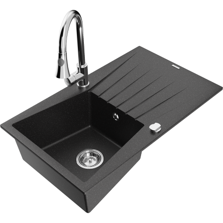 Mexen Cesar vientisas granitinis kriauklė su nutekamuoju ir virtuviniu maišytuvu Elia, juodas/sidabrinis metalikas