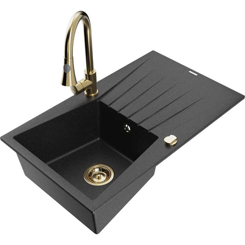 Mexen Cesar granitinė vienaaukštė plautuvė su nusausintuvu ir virtuviniu maišytuvu Elia, juoda/sidabrinė metalika