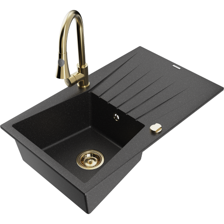 Mexen Cesar granitinė vienaaukštė plautuvė su nusausintuvu ir virtuviniu maišytuvu Elia, juoda/sidabrinė metalika