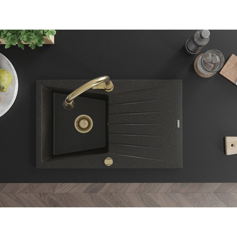 Mexen Cesar vienos dubens granito plautuvė su nutekamuoju paviršiumi ir virtuviniu maišytuvu Elia, juoda/auksinis metalikas