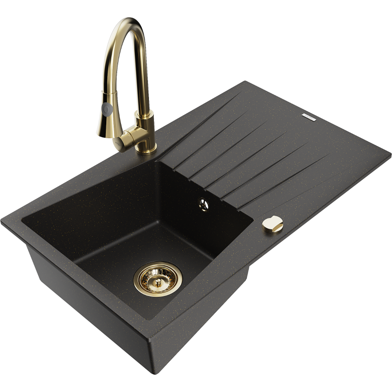 Mexen Cesar vienos dubens granito plautuvė su nutekamuoju paviršiumi ir virtuviniu maišytuvu Elia, juoda/auksinis metalikas