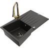 Mexen Cesar granitinė vienos kameros plautuvė su nutekėjimo zona ir virtuviniu maišytuvu Elia, juoda/auksinis metalikas
