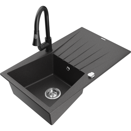 Mexen Cesar granitinė vienos kameros kriauklė su nusausintuvu ir virtuvės maišytuvu Elia, juoda dėmėta - 6514-76-670101-70