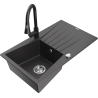 Mexen Cesar granitinė vienos kameros kriauklė su nusausintuvu ir virtuvės maišytuvu Elia, juoda dėmėta - 6514-76-670101-70
