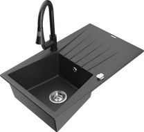 Mexen Cesar granitinė vienos kameros kriauklė su nusausintuvu ir virtuvės maišytuvu Elia, juoda dėmėta - 6514-76-670101-70