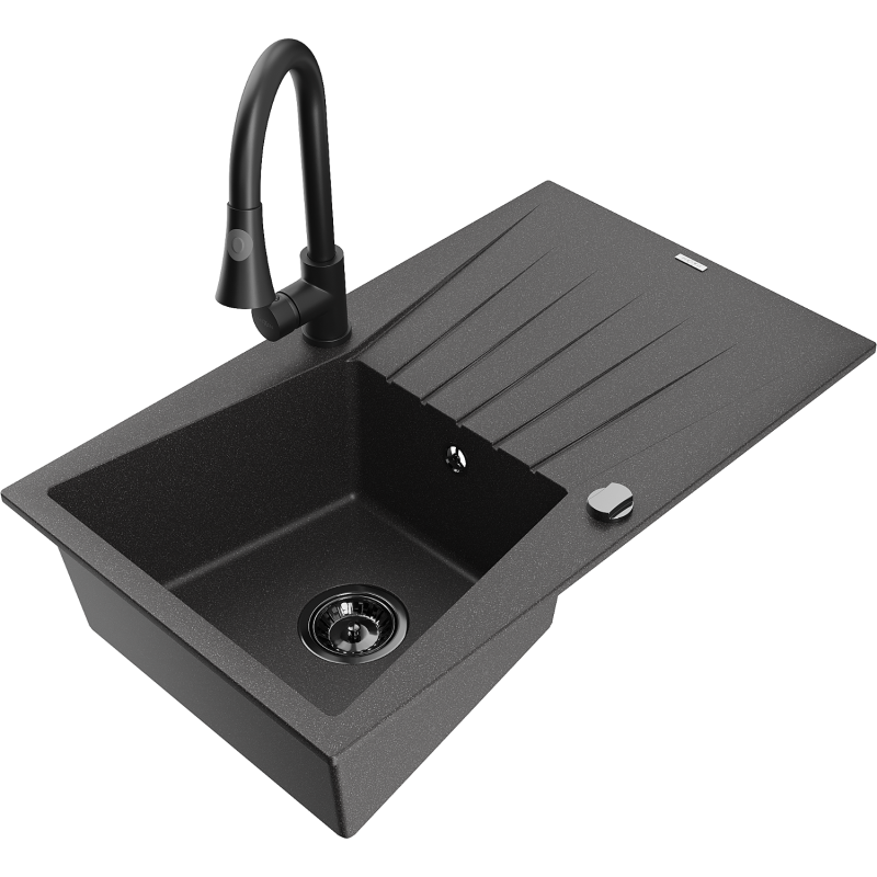 Mexen Cesar grindinis granito plautuvė su nutekėjimo lentyna ir virtuviniu maišytuvu Elia, juoda su taškučiais