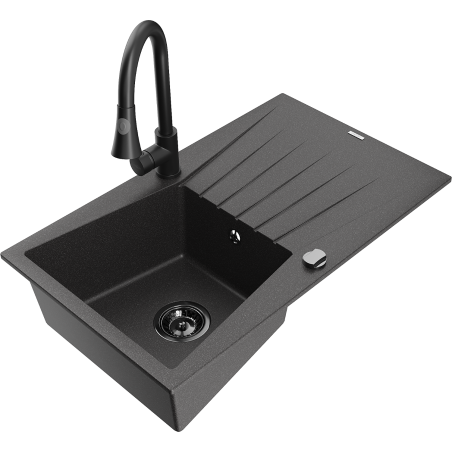 Mexen Cesar grindinis granito plautuvė su nutekėjimo lentyna ir virtuviniu maišytuvu Elia, juoda su taškučiais