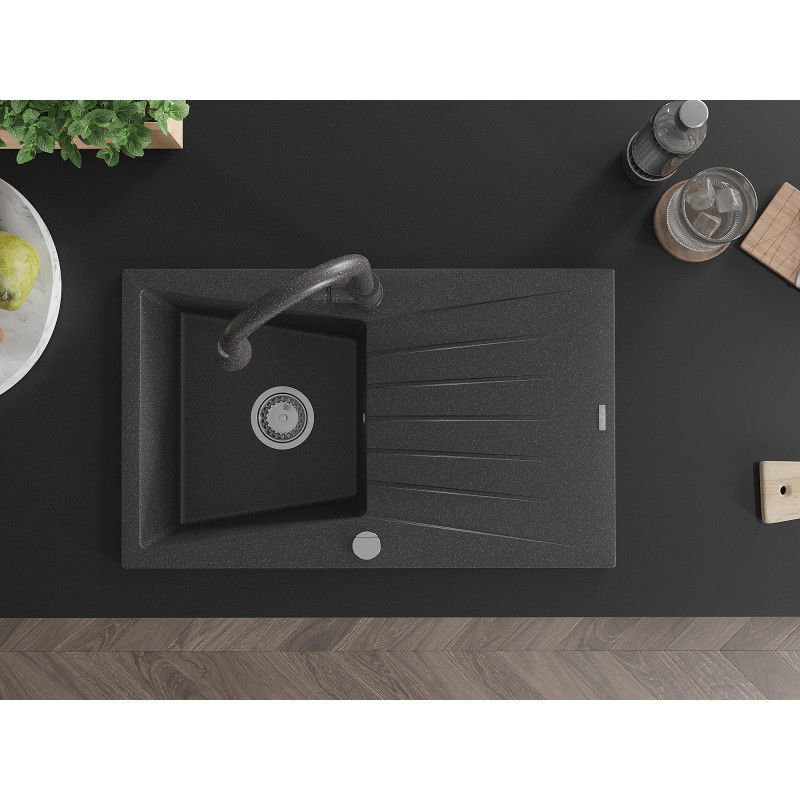 Mexen Cesar 1 kamerų granitinis plautuvės su nutekėjimu ir virtuvės maišytuvu Elia, juoda dėmėta - 6514-76-670101-76