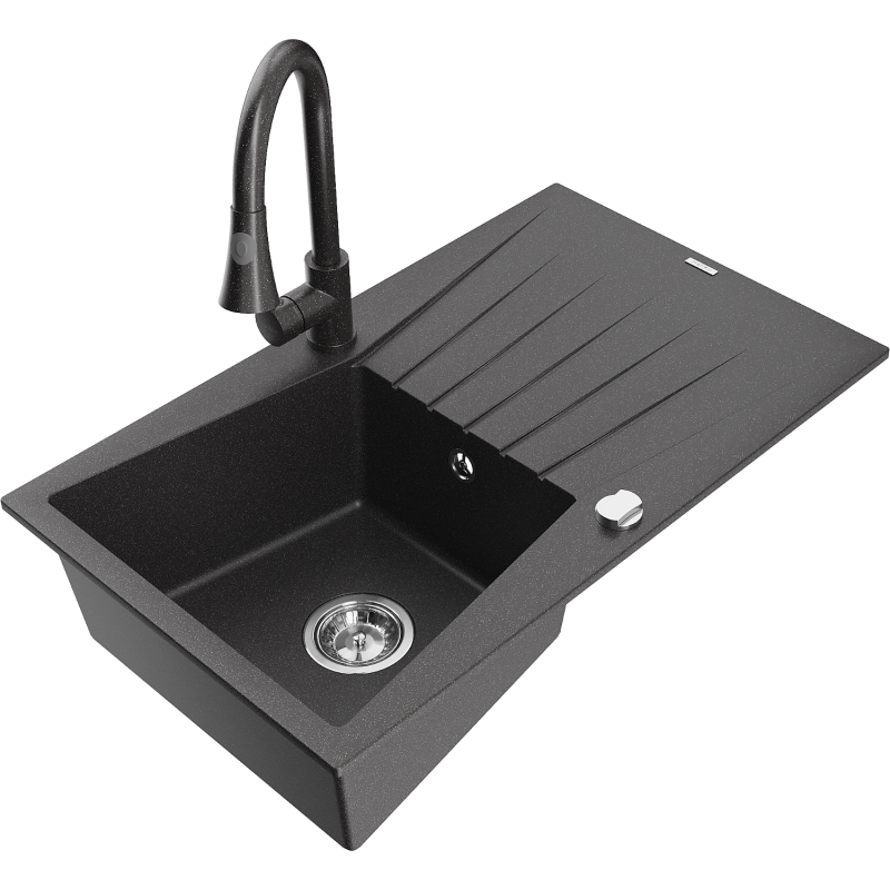 Mexen Cesar 1 kamerų granitinis plautuvės su nutekėjimu ir virtuvės maišytuvu Elia, juoda dėmėta - 6514-76-670101-76