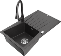 Mexen Cesar 1 kamerų granitinis plautuvės su nutekėjimu ir virtuvės maišytuvu Elia, juoda dėmėta - 6514-76-670101-76