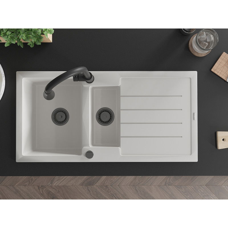 Mexen Andres granito plautuvė 1,5 skyrių su nusausinimo lentyna ir virtuviniu maišytuvu Elia, balta - 6515-20-670101-70