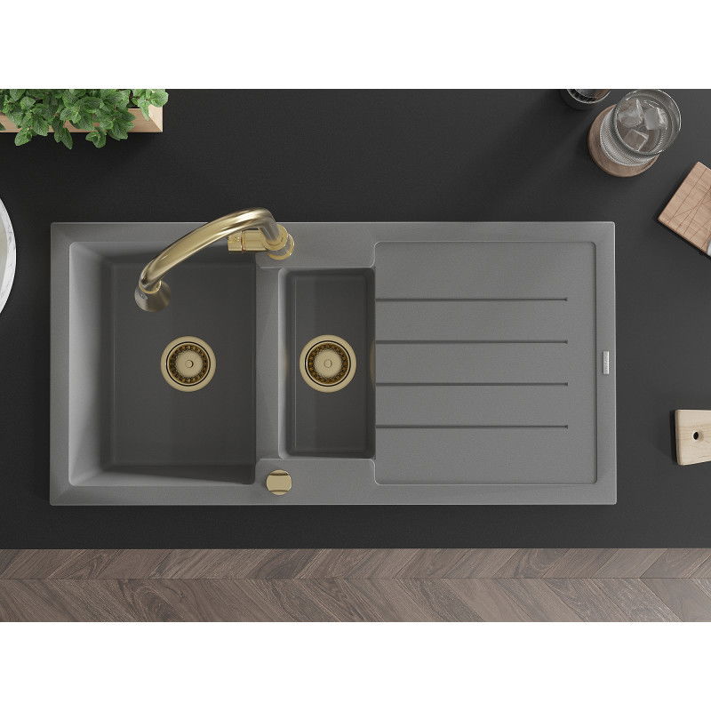 Mexen Andres granitinė 1,5 skyriaus kriauklė su drenažu ir virtuvės maišytuvu Elia, pilka - 6515-71-670101-50