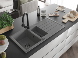 Mexen Andres granitinė 1,5 kamerų plautuvė su drenažu ir virtuvės maišytuvu Elia, pilka - 6515-71-670101-70-B