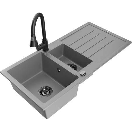 Mexen Andres granitinė 1,5 kamerų plautuvė su drenažu ir virtuvės maišytuvu Elia, pilka - 6515-71-670101-70-B