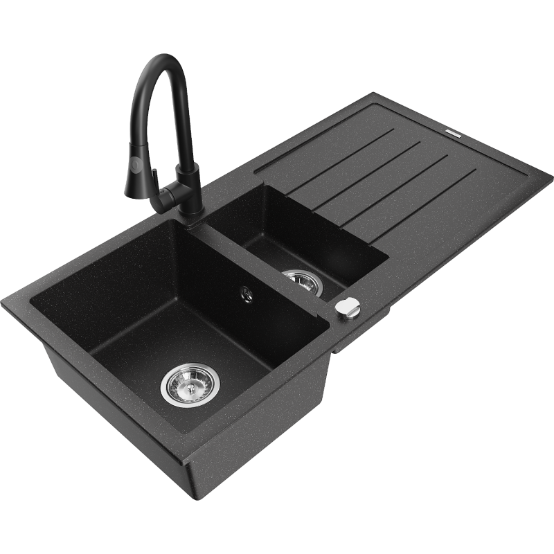 Mexen Andres granitinė 1,5-komorų kriauklė su nusausintuvu ir virtuviniu maišytuvu Elia, juoda/sidabrinis metalikas