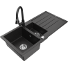 Mexen Andres granitinė 1,5-komorų kriauklė su nusausintuvu ir virtuviniu maišytuvu Elia, juoda/sidabrinis metalikas