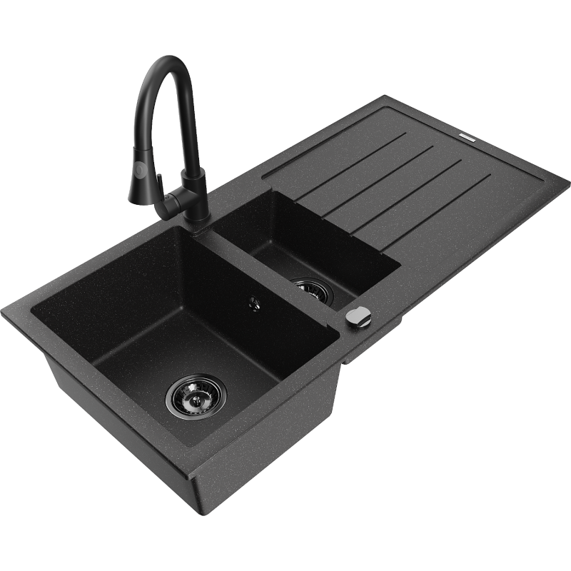 Mexen Andres granitinė 1,5 kamerų plautuvė su lašėjimo dalimi ir virtuviniu maišytuvu Elia, juoda/sidabrinė