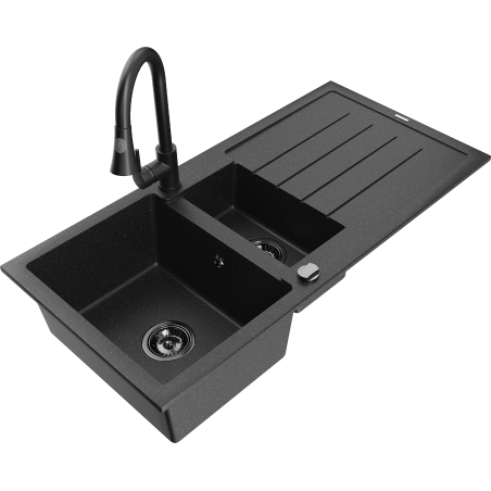 Mexen Andres granitinė 1,5 kamerų plautuvė su lašėjimo dalimi ir virtuviniu maišytuvu Elia, juoda/sidabrinė