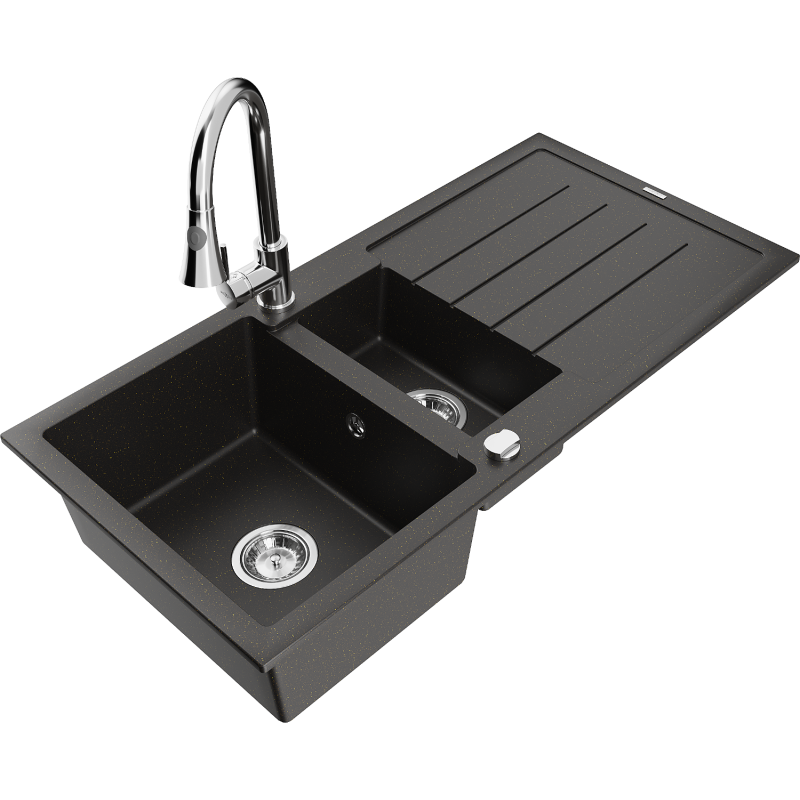 Mexen Andres granitinė 1,5 kamerų kriauklė su nutekamu ir virtuviniu maišytuvu Elia, juoda/auksinė metalika