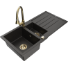 Mexen Andres granitinė kriauklė 1,5 skyriaus su nutekėjimu ir virtuvės maišytuvu Elia, juoda/auksinė metalo spalva