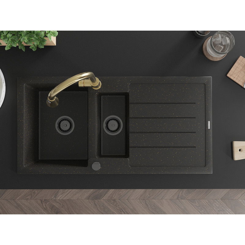 Mexen Andres 1,5 tarnų granitinė kriauklė su nutekėjęs ir virtuves maišytuvu Elia, juoda/auksinis metalikas